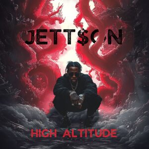 A musician with braided hair and sunglasses squats confidently before a red and black abstract background featuring the text "JETT$ON" and "HIGH ALTITUDE," embodying the creative spirit of MOON MUTT Recording Studio.
