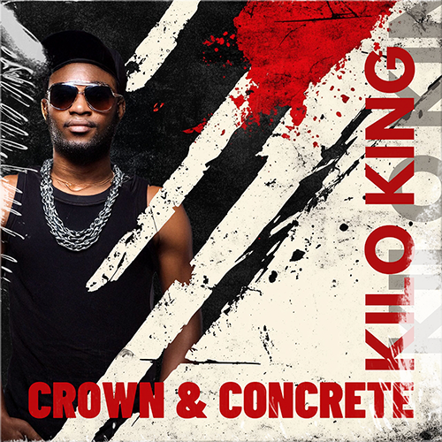 The album cover for "Crown & Concrete" by Kilo King exudes urban flair, showcasing a person in sunglasses and a chain amidst abstract red and white brushstrokes. Discover this vibrant artwork on our Shop Page.