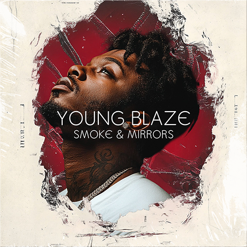 Album cover featuring a person looking up against a red background, surrounded by a torn paper effect. Text reads "Young Blaze Smoke & Mirrors." Perfect for adding intensity to your shop page or showcasing it in your all product archives.