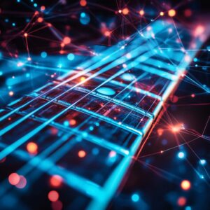 Close-up of an electric guitar neck, enveloped by abstract blue and red digital network patterns, capturing the musician's creative essence at MOON MUTT Recording Studio.