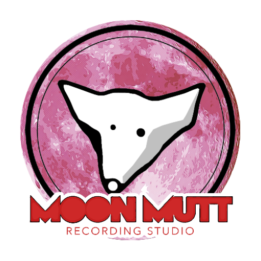 Logo of Moon Mutt Recording Studio featuring a stylized dog face inside a textured pink circle, embodying the essence of a creative space for musicians.