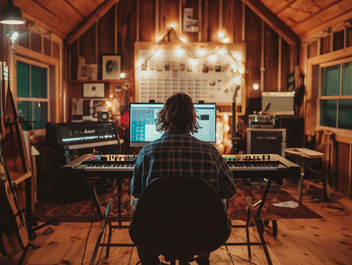 Person sitting at a desk with a computer and keyboard in a cozy, dimly lit music studio with wooden walls and various equipment.