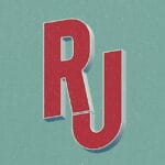 Red block letters "RJ" stand boldly against a green textured backdrop, evoking the creative spirit of a musician at MOON MUTT Recording Studio.