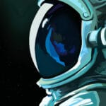 An illustration of an astronaut in space, with Earth and the faint notes of a musician's melody reflected in the helmet visor against a starry backdrop.